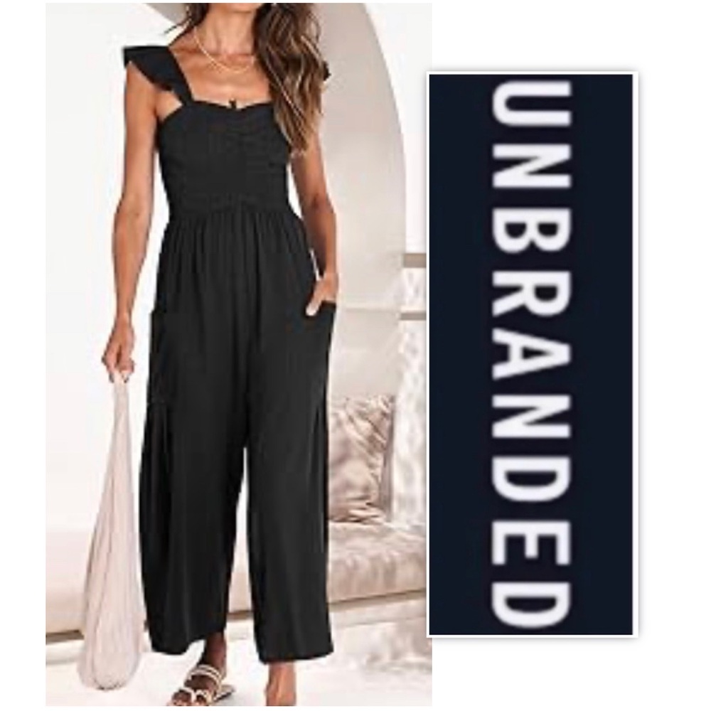 UNBRANDED Black Ruffled Strap Wide Leg Jumpsuit